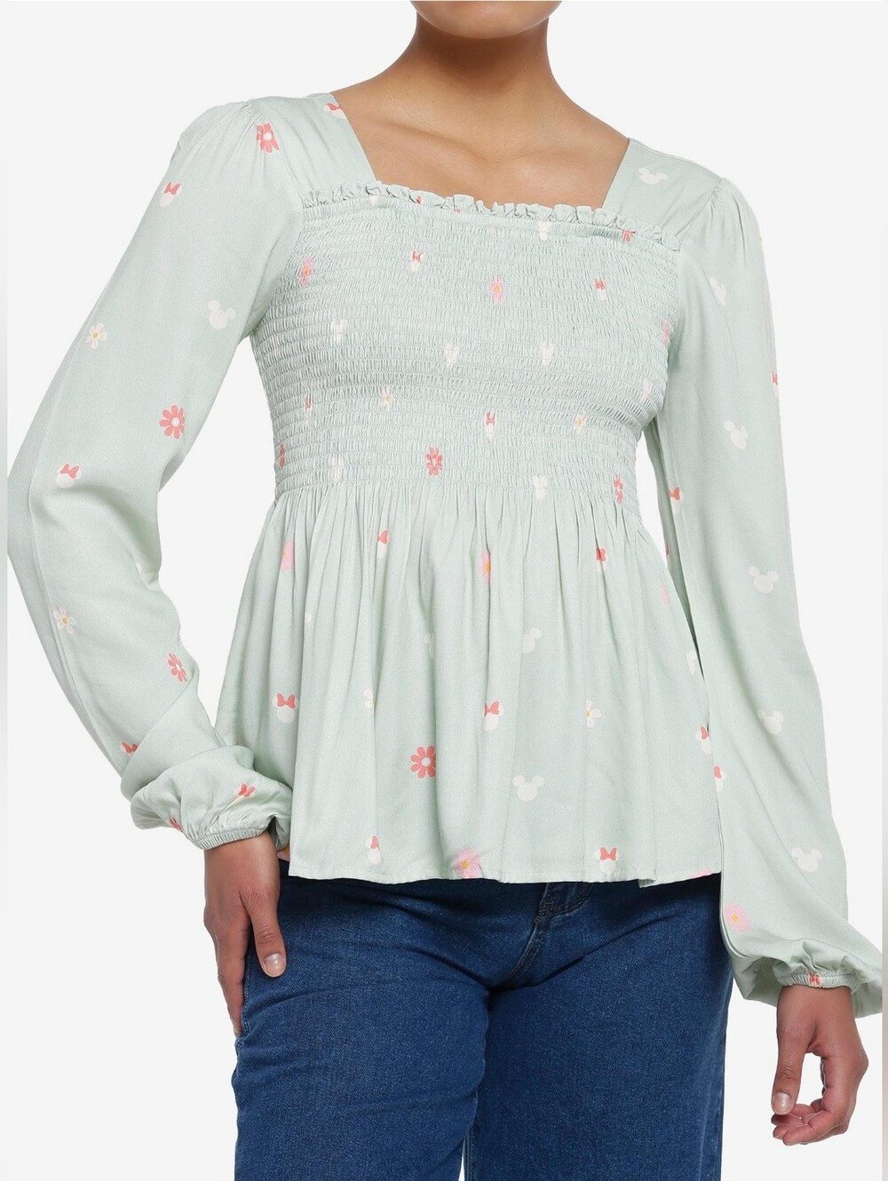 Her Universe Disney Mickey And Minnie Mouse Floral Print Smocked Long Sleeve 2X